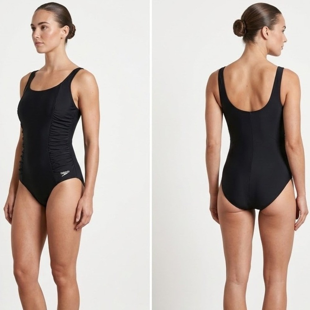 Speedo Shirred One Piece Swimsuit Women's XL Black Tummy Control Monokini Summer